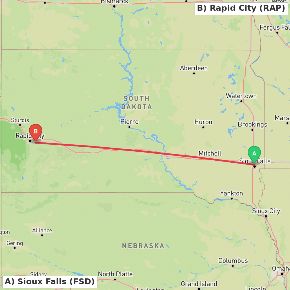Flight route map from Sioux Falls to Rapid City