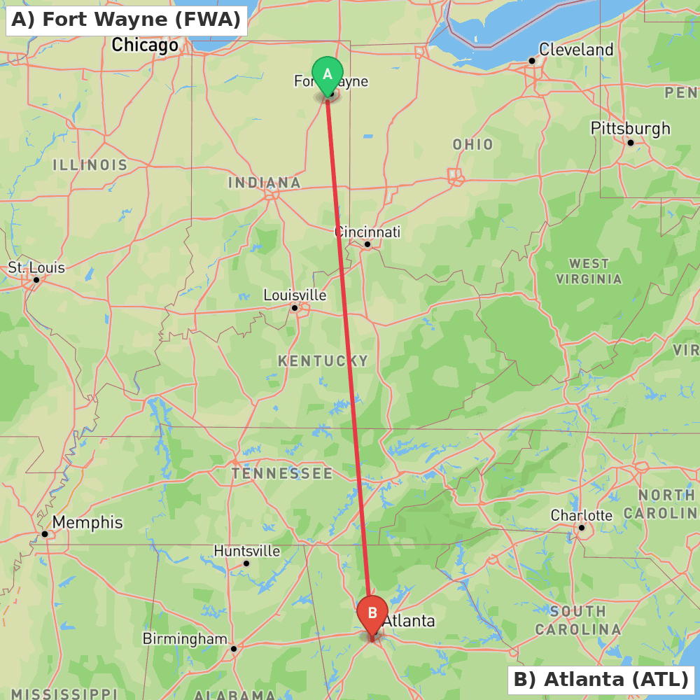 Flight route map from Fort Wayne to Atlanta