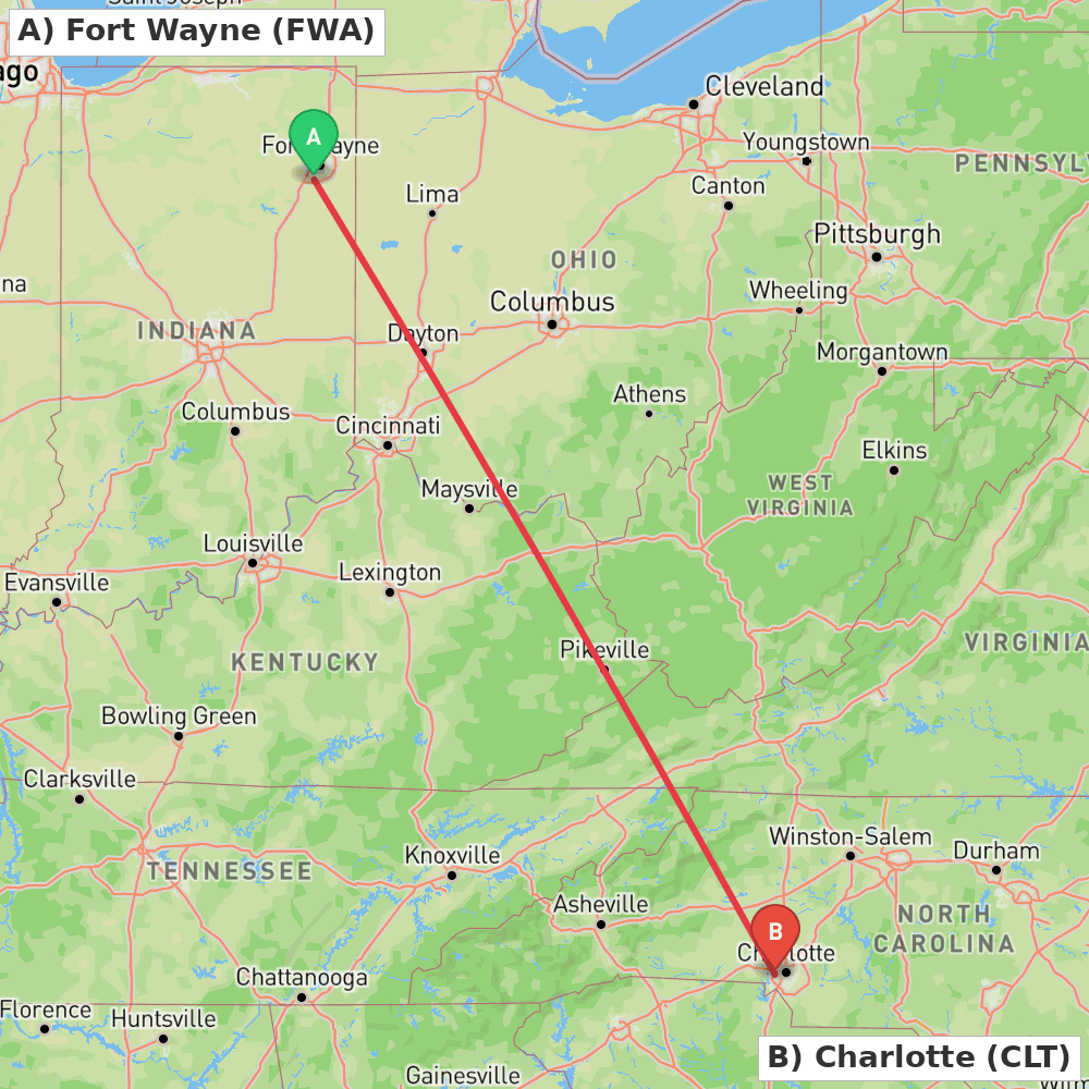 Flight route map from Fort Wayne to Charlotte