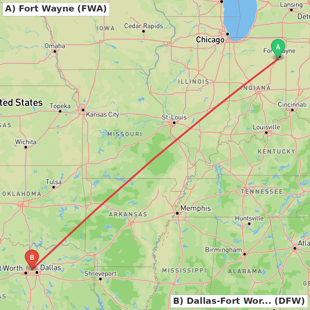 Flight route map from Fort Wayne to Dallas-Fort Worth