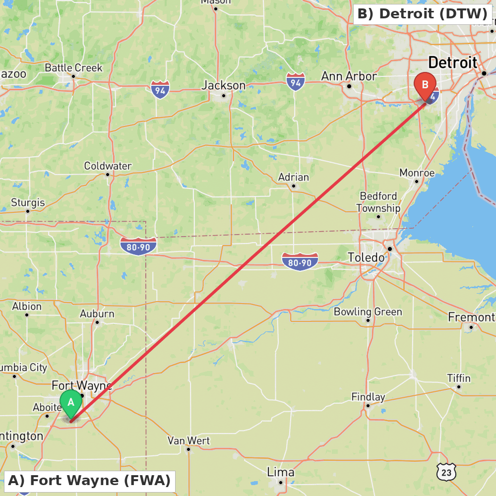 Flight route map from Fort Wayne to Detroit
