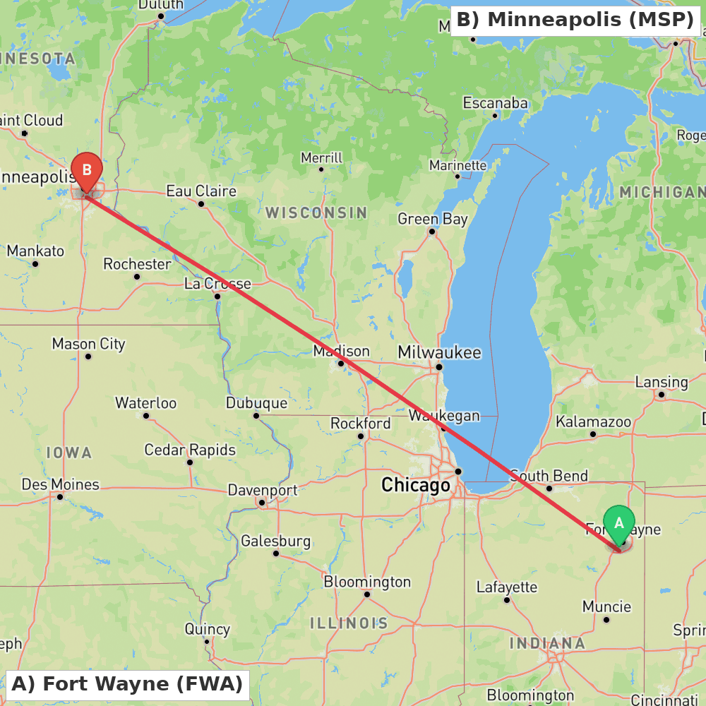 Flight route map from Fort Wayne to Minneapolis