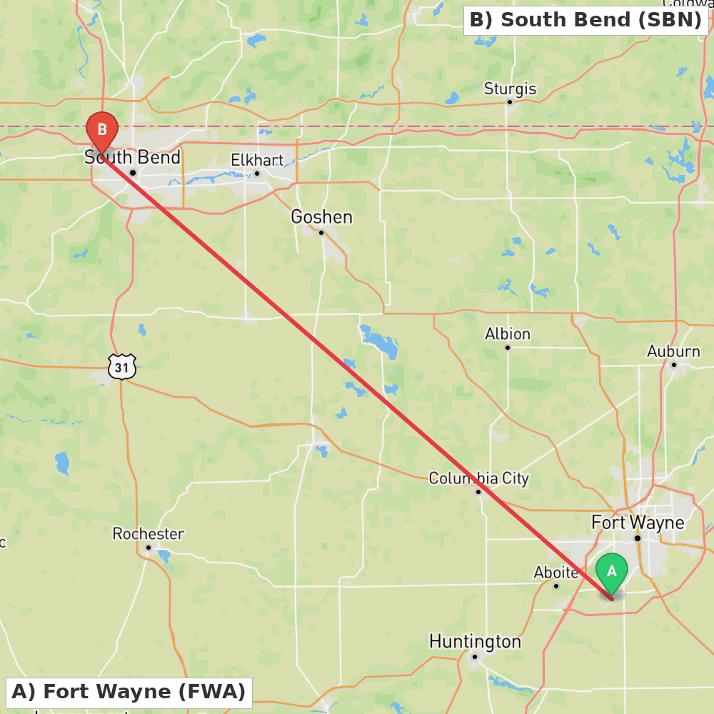 Flight route map from Fort Wayne to South Bend