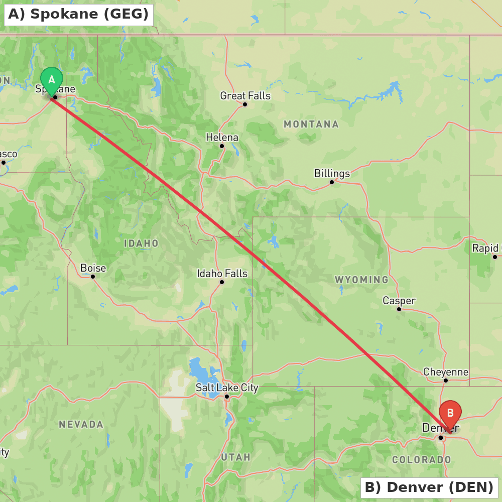 Flight route map from Spokane to Denver