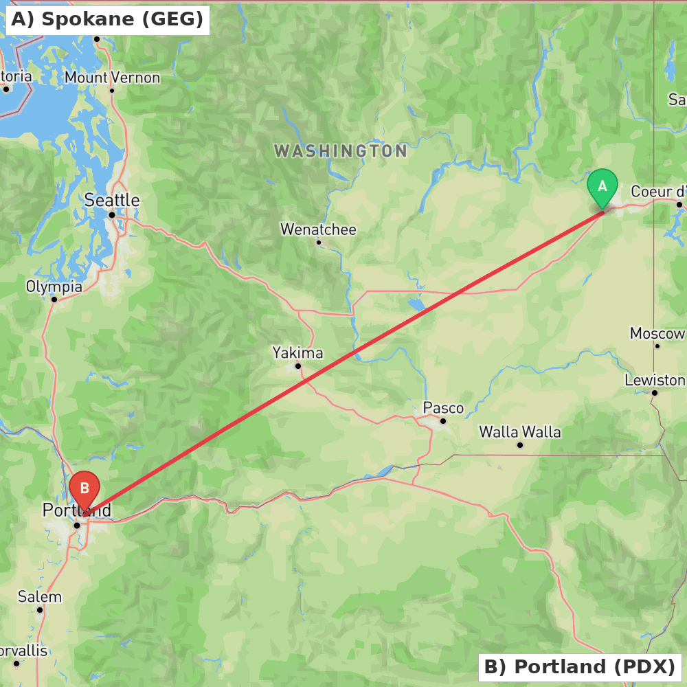 Flight route map from Spokane to Portland