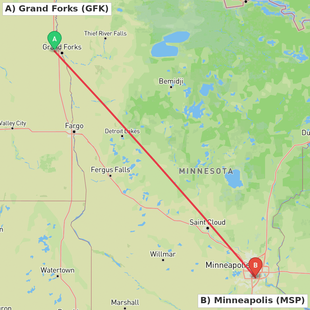 Flight route map from Grand Forks to Minneapolis