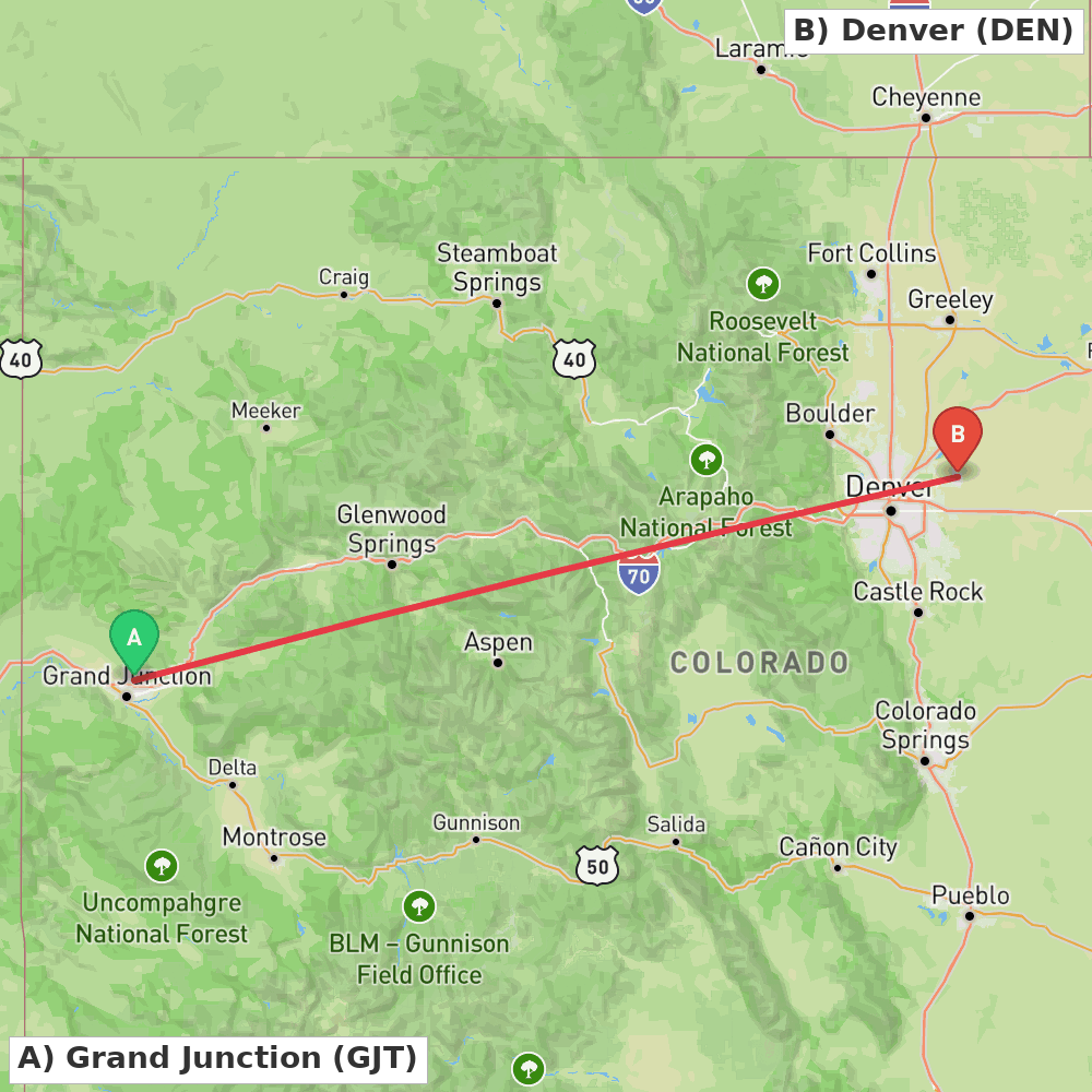 Flight route map from Grand Junction to Denver
