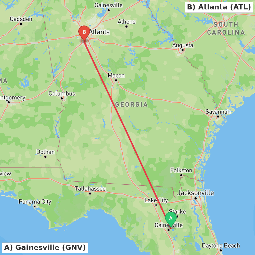 Flight route map from Gainesville to Atlanta
