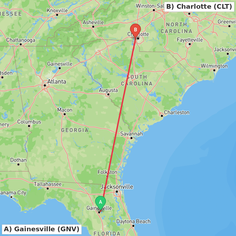 Flight route map from Gainesville to Charlotte