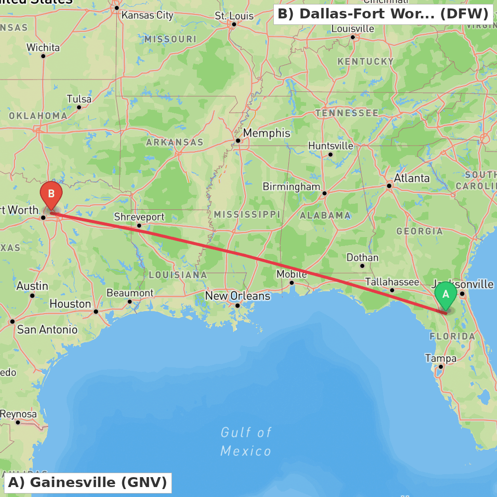 Flight route map from Gainesville to Dallas-Fort Worth