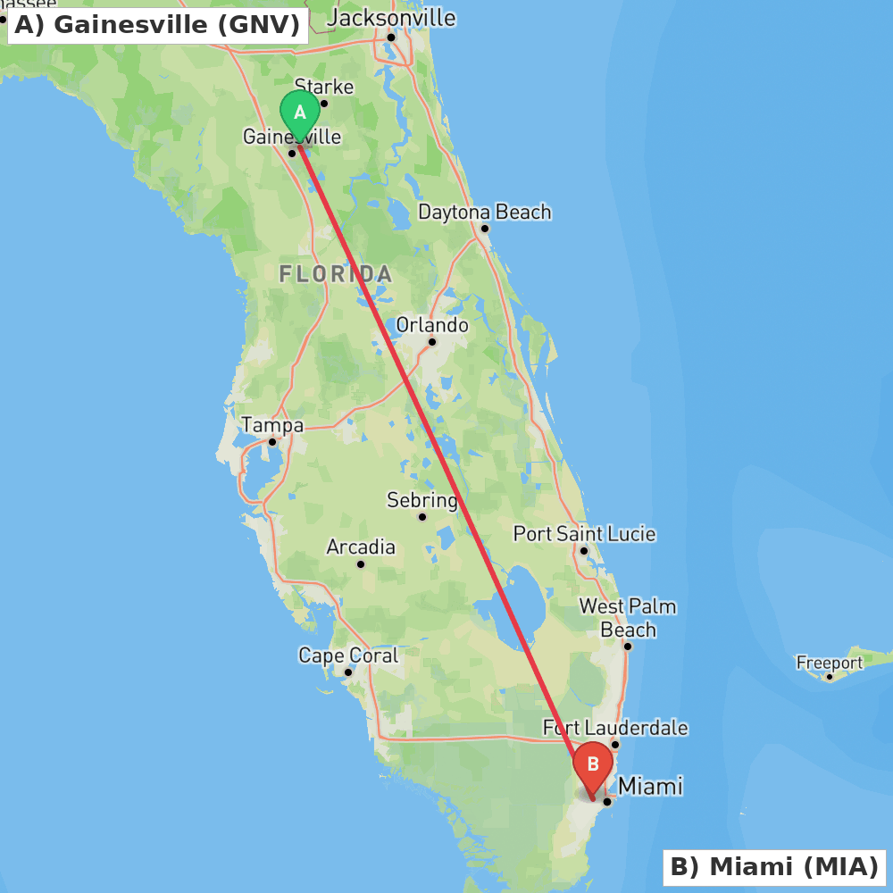 Flight route map from Gainesville to Miami
