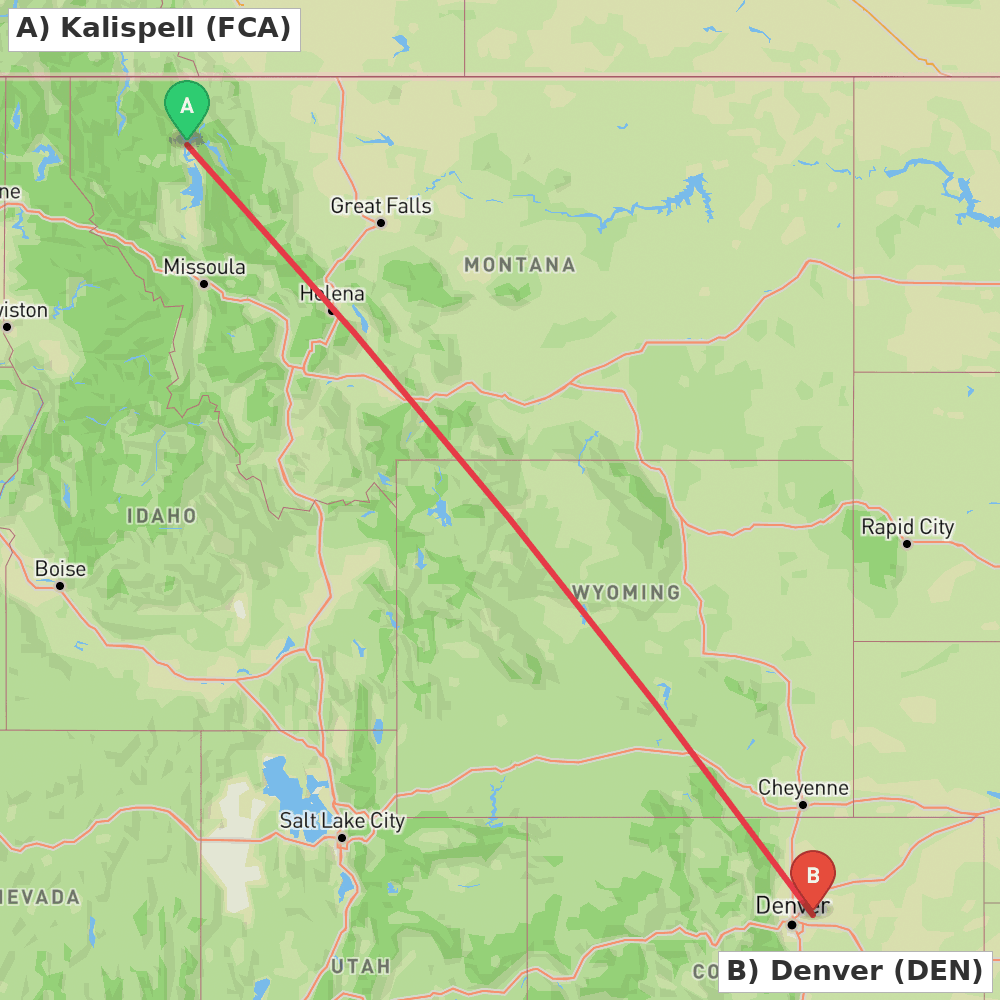 Flight route map from Kalispell to Denver