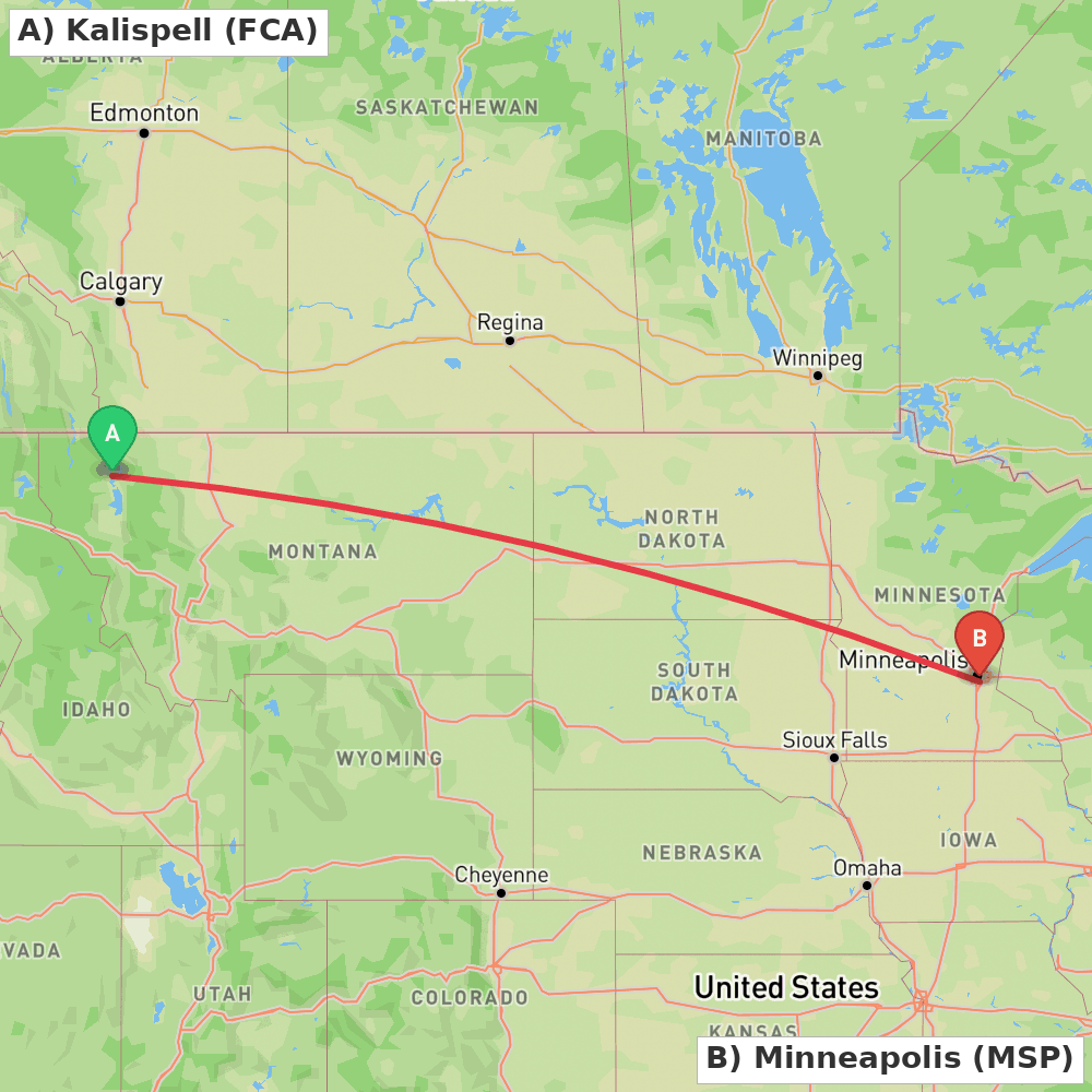 Flight route map from Kalispell to Minneapolis