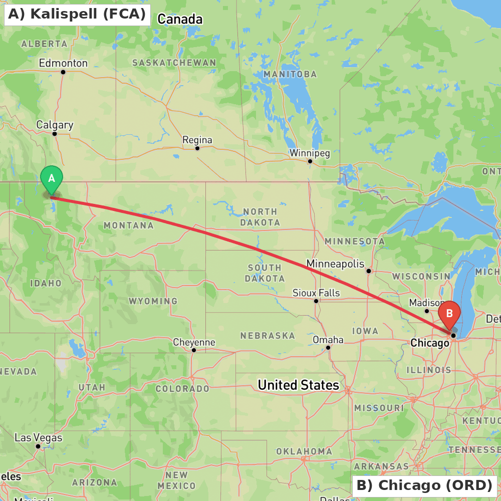 Flight route map from Kalispell to Chicago