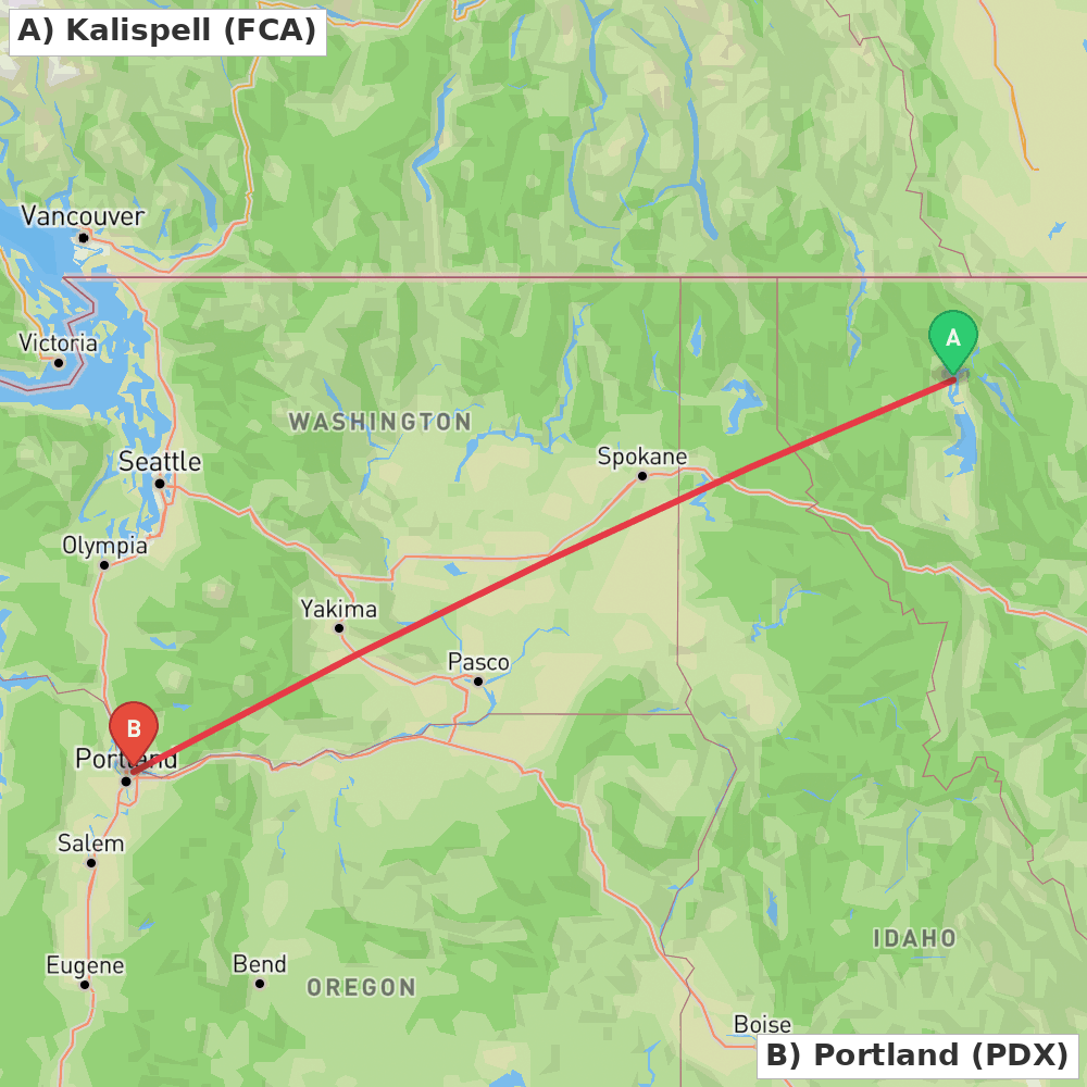 Flight route map from Kalispell to Portland