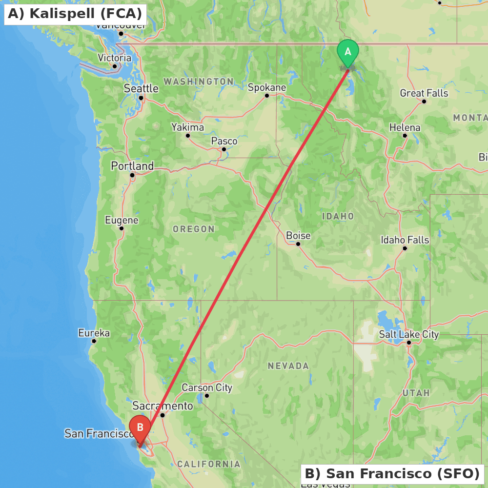 Flight route map from Kalispell to San Francisco