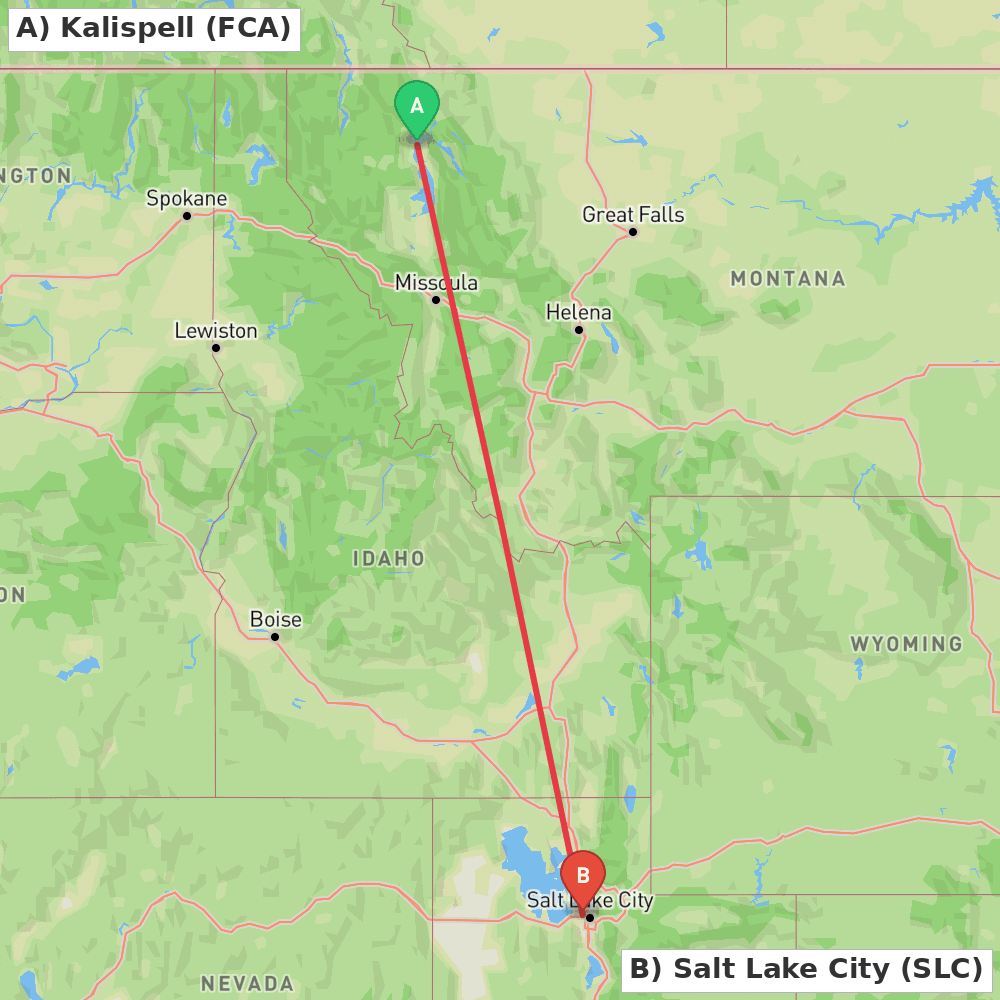 Flight route map from Kalispell to Salt Lake City