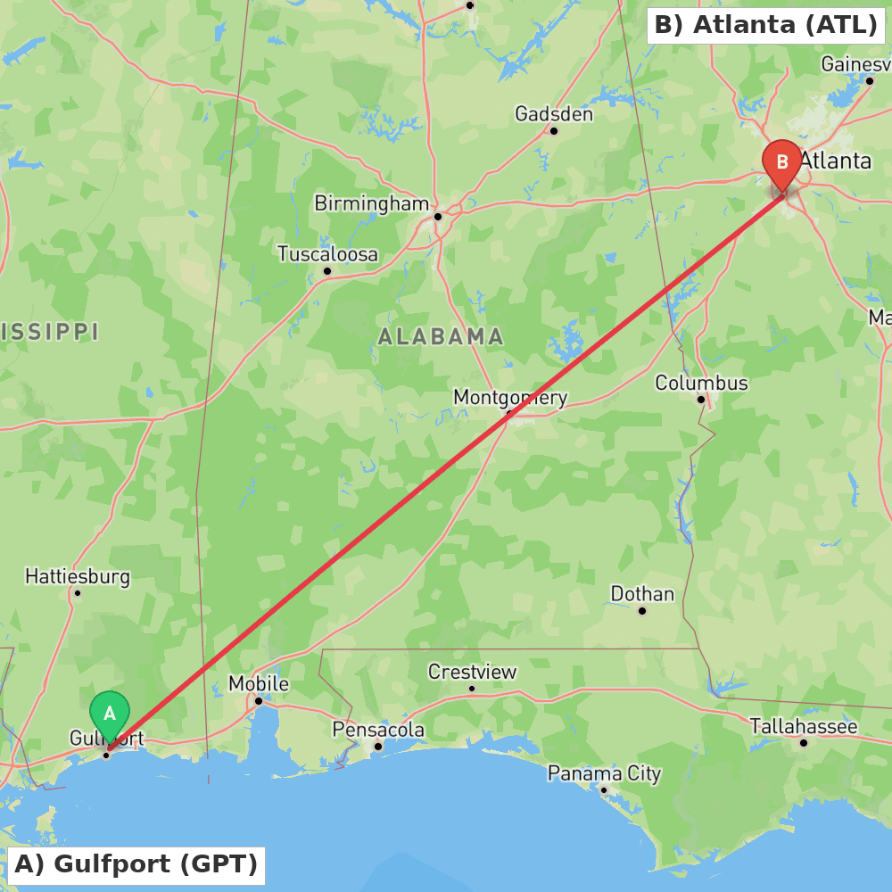 Flight route map from Gulfport to Atlanta