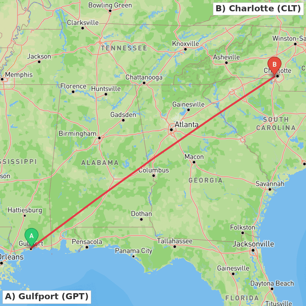 Flight route map from Gulfport to Charlotte