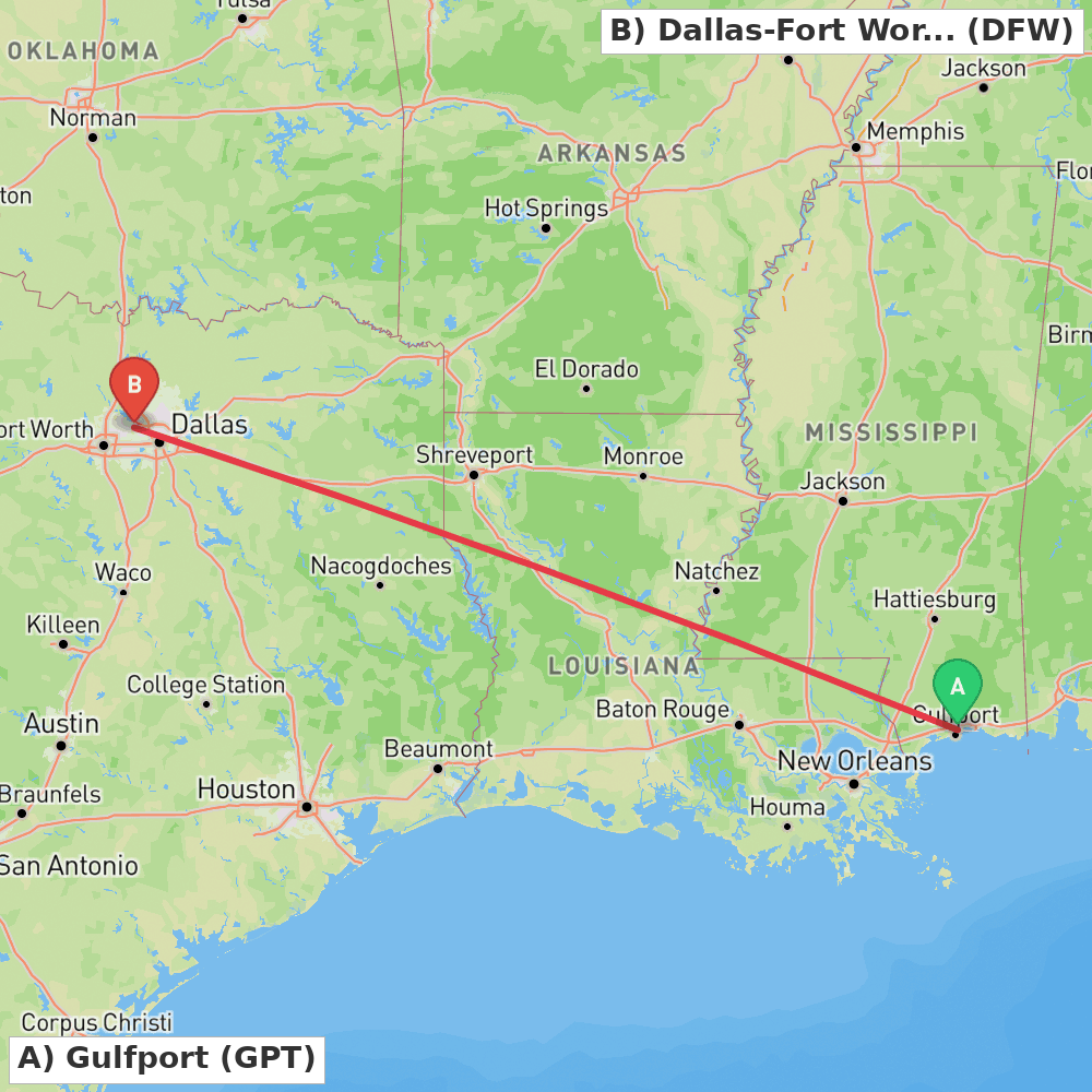 Flight route map from Gulfport to Dallas-Fort Worth