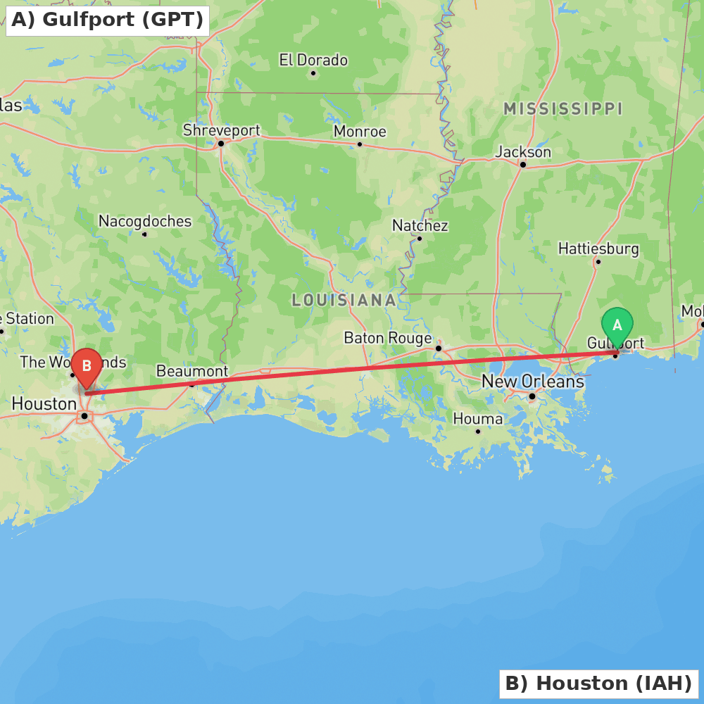 Flight route map from Gulfport to Houston