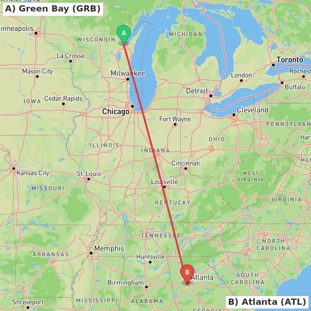 Flight route map from Green Bay to Atlanta