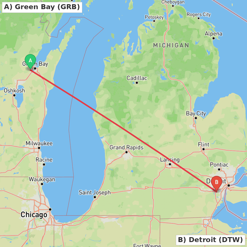 Flight route map from Green Bay to Detroit