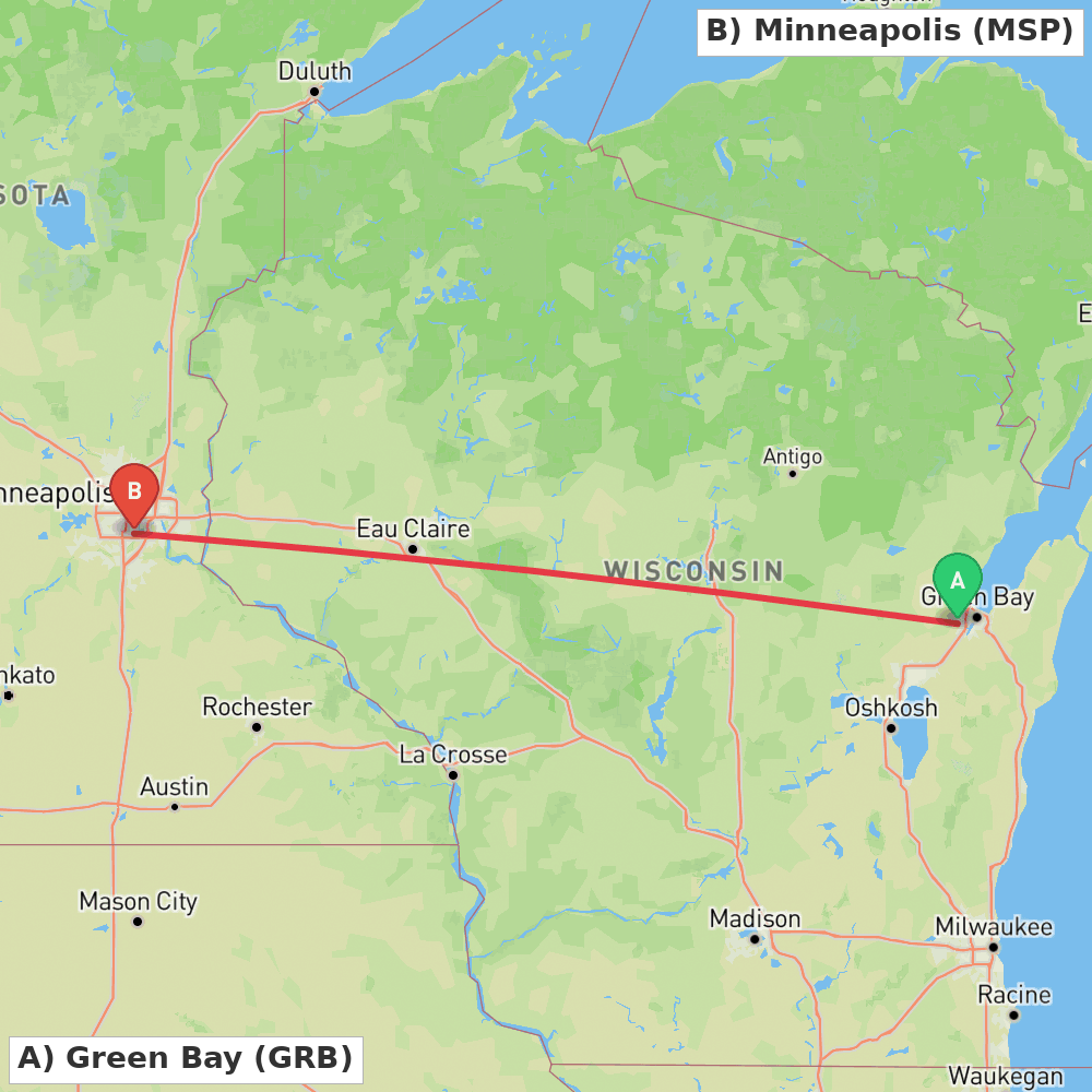 Flight route map from Green Bay to Minneapolis