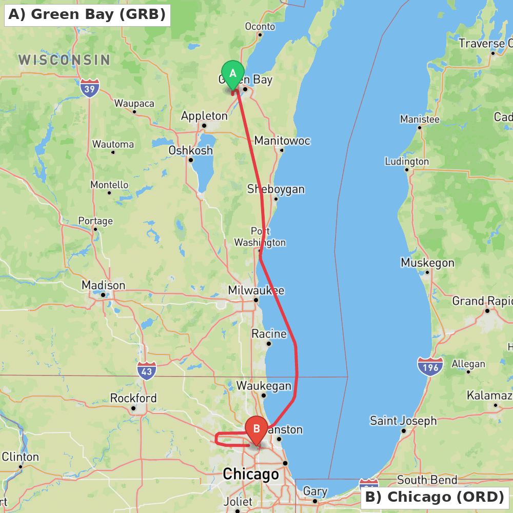 Flight route map from Green Bay to Chicago