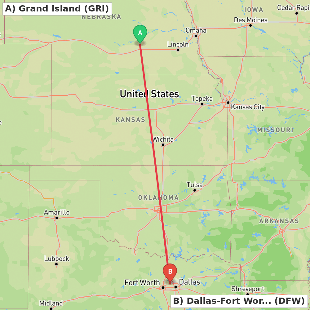 Flight route map from Grand Island to Dallas-Fort Worth