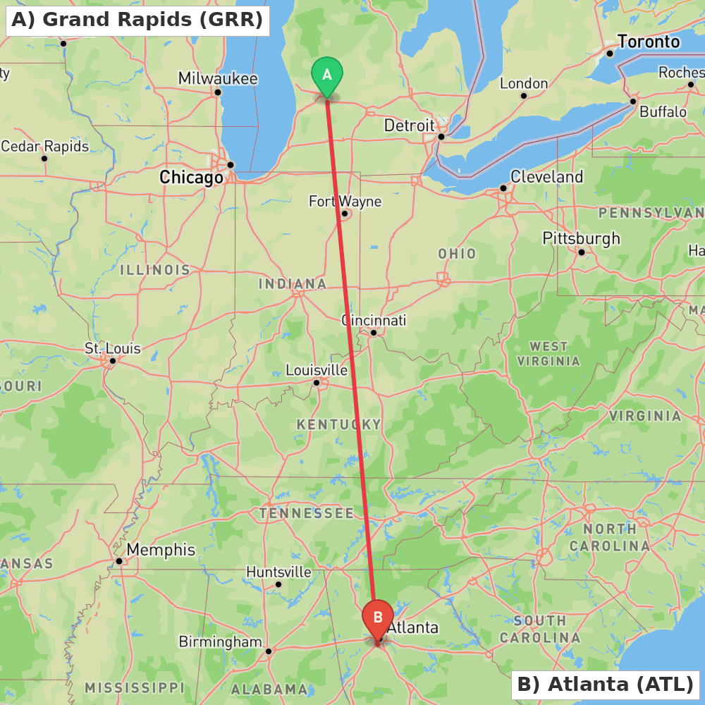 Flight route map from Grand Rapids to Atlanta