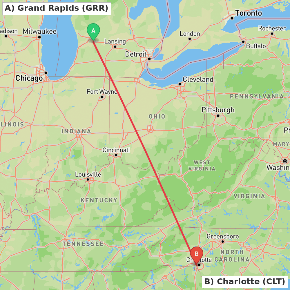 Flight route map from Grand Rapids to Charlotte