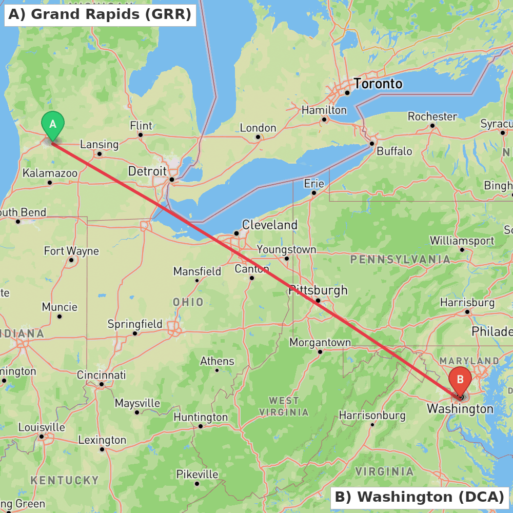 Flight route map from Grand Rapids to Washington