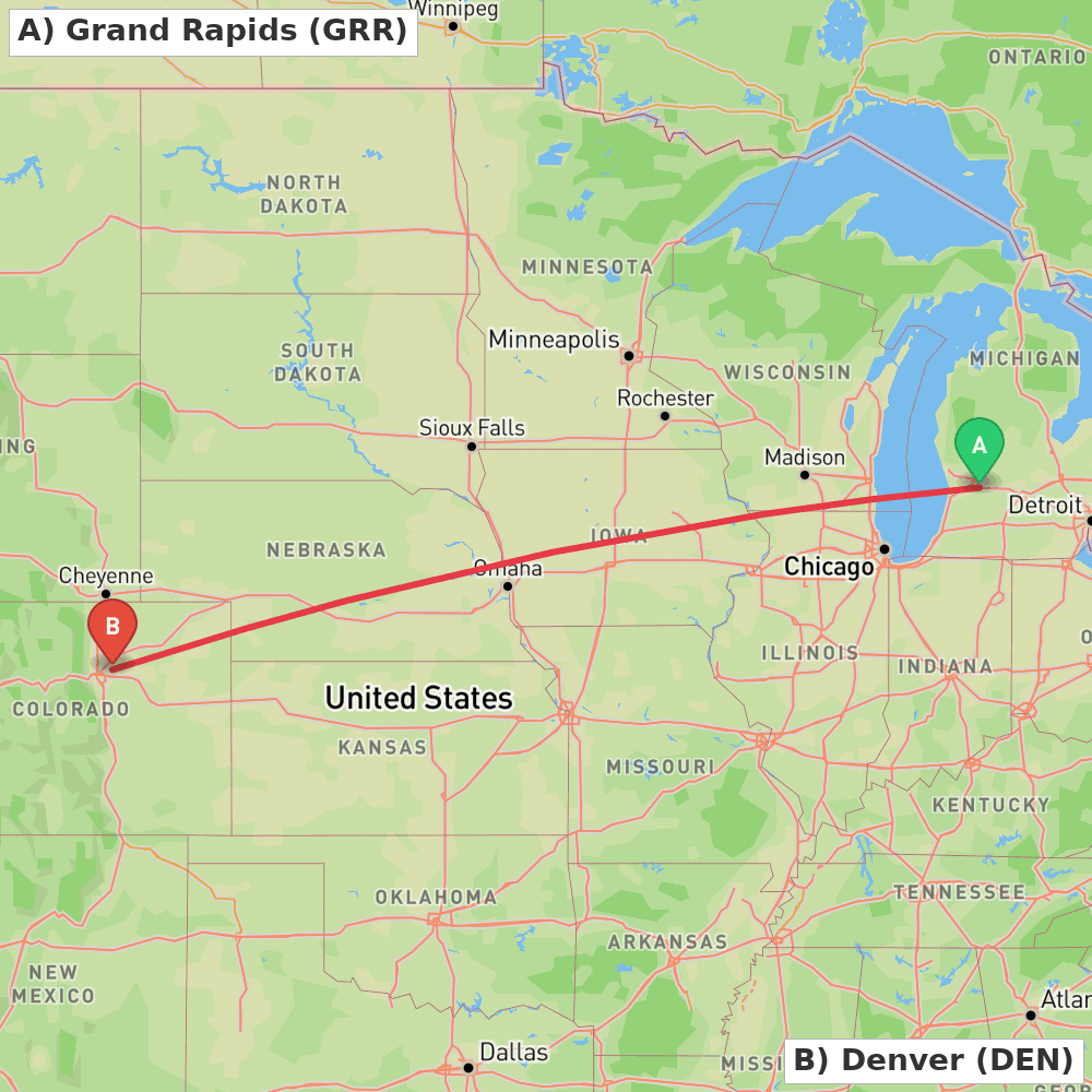Flight route map from Grand Rapids to Denver
