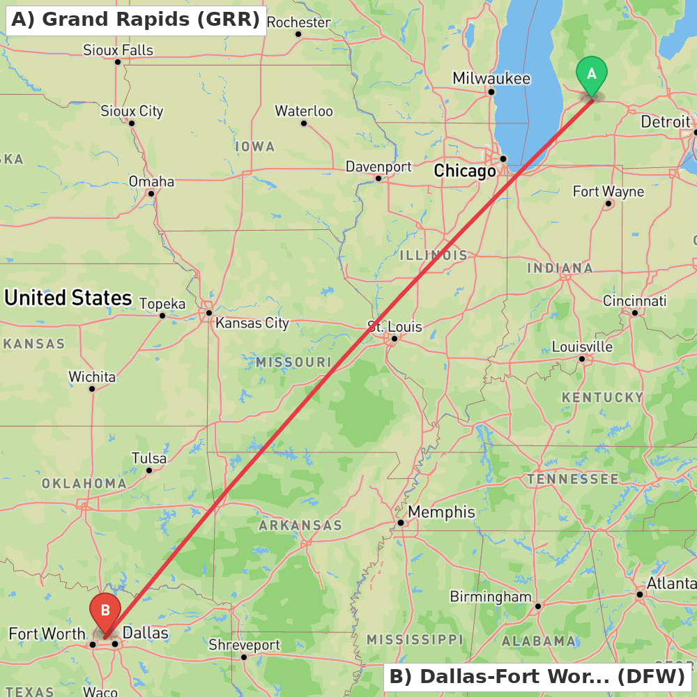 Flight route map from Grand Rapids to Dallas-Fort Worth