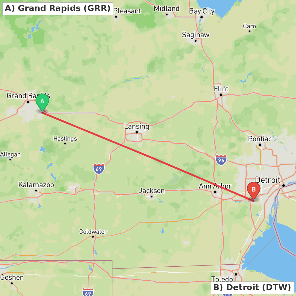 Flight route map from Grand Rapids to Detroit