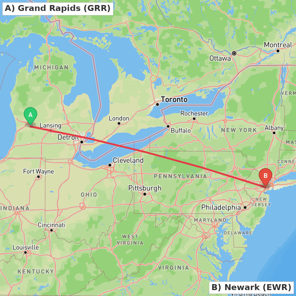 Flight route map from Grand Rapids to Newark