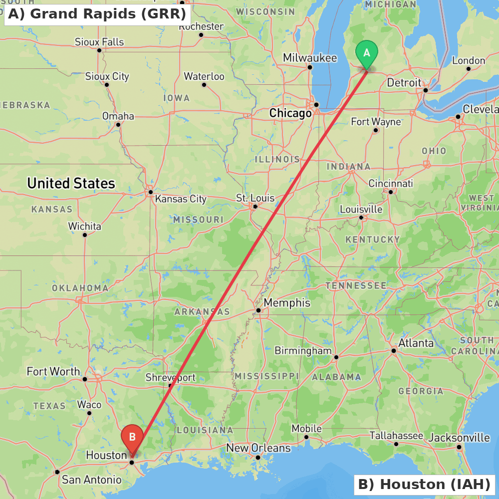 Flight route map from Grand Rapids to Houston