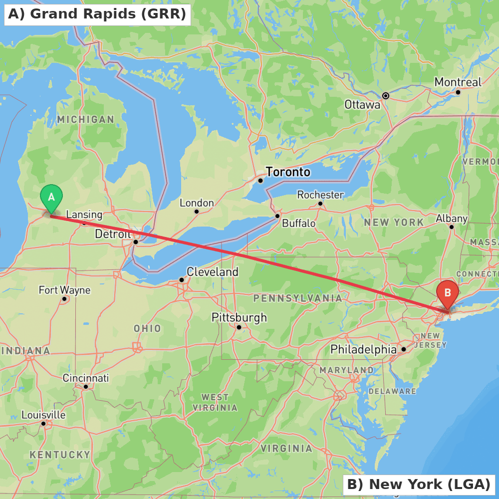 Flight route map from Grand Rapids to New York