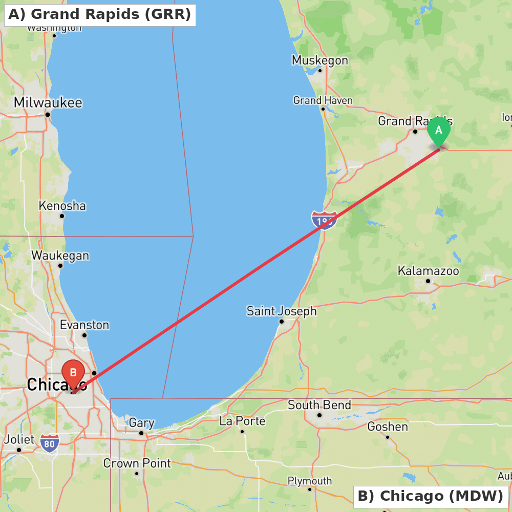 Flight route map from Grand Rapids to Chicago