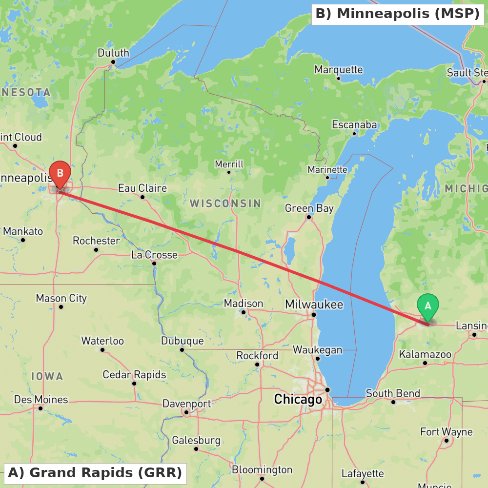Flight route map from Grand Rapids to Minneapolis