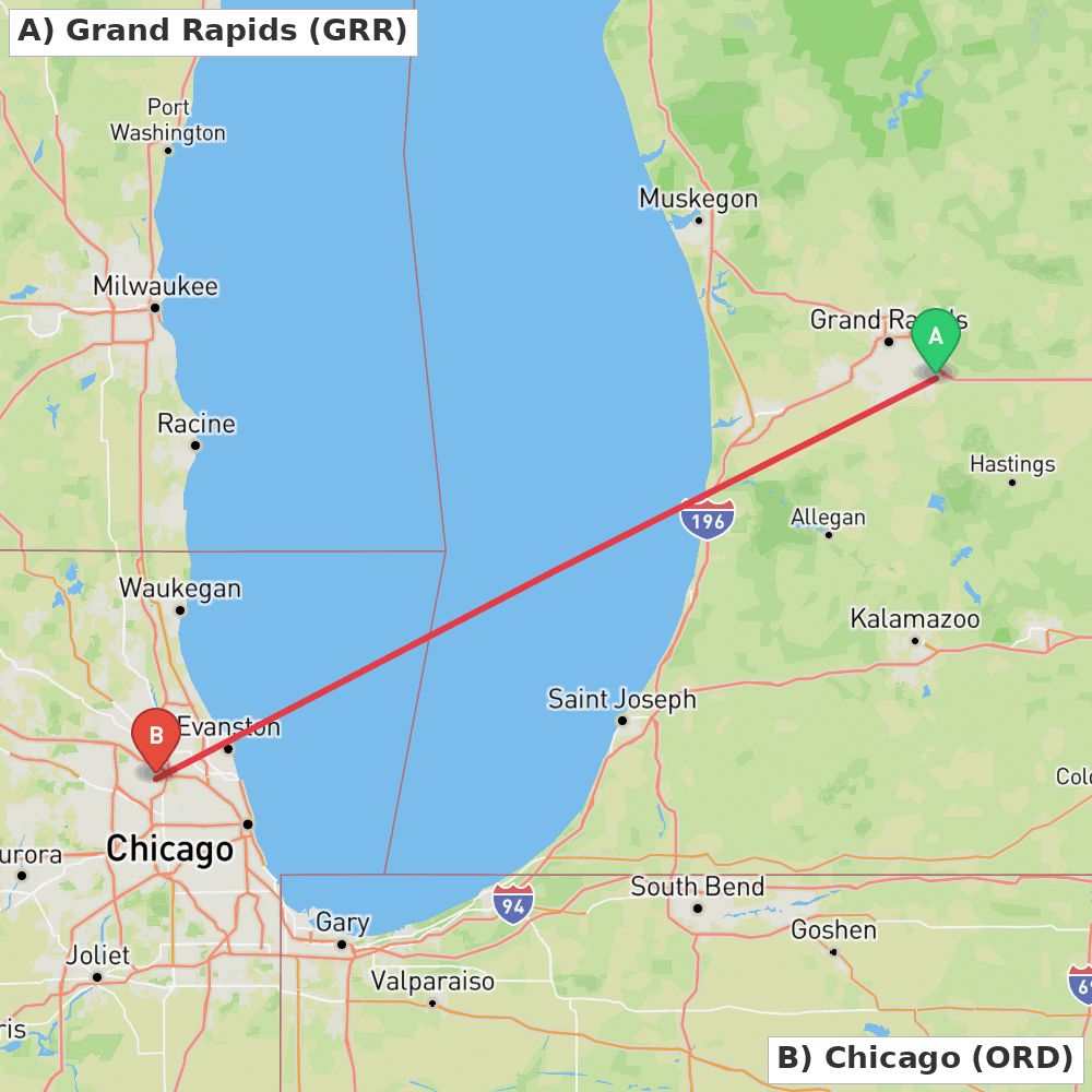 Flight route map from Grand Rapids to Chicago