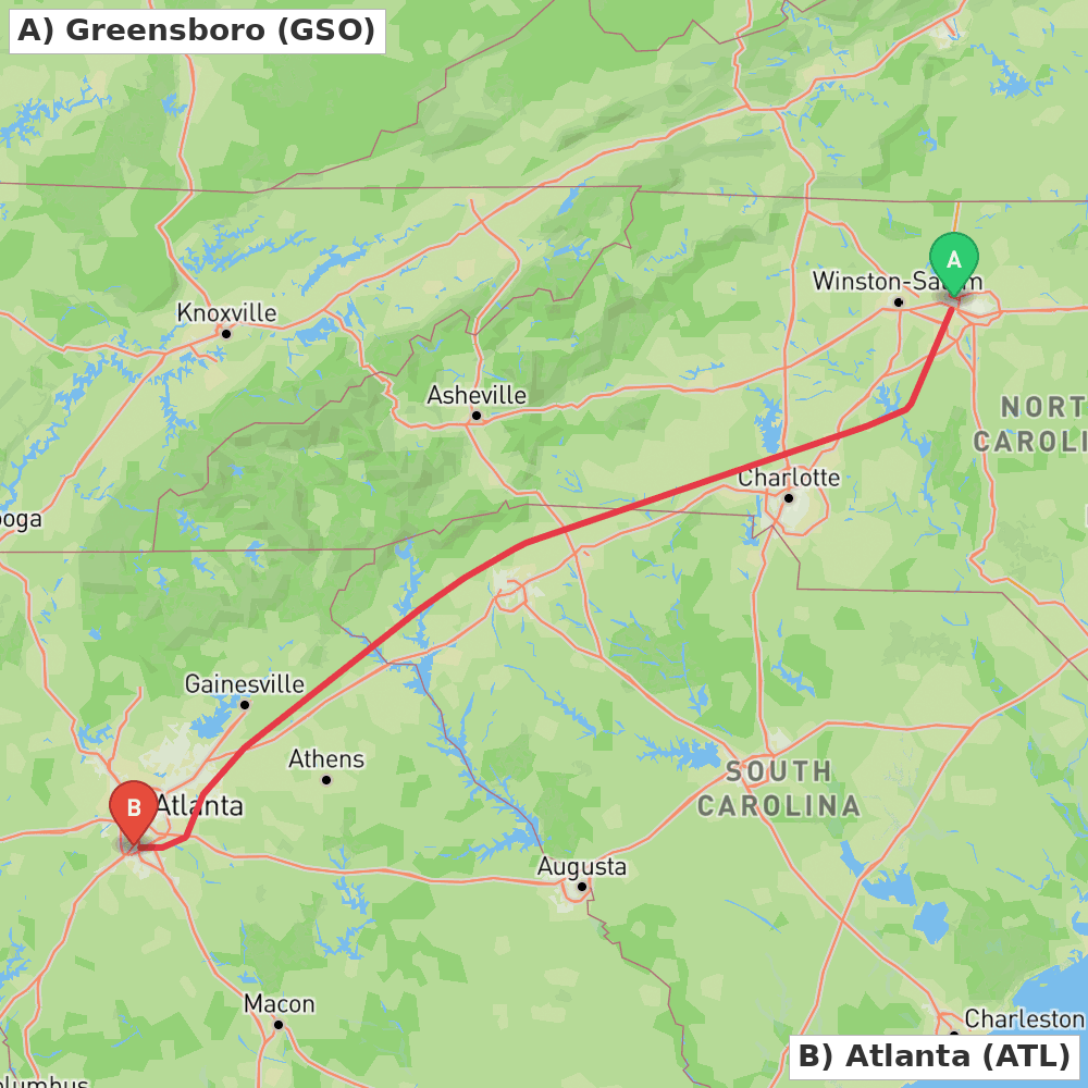 Flight route map from Greensboro to Atlanta