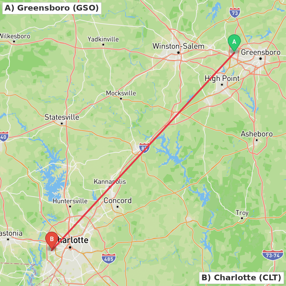 Flight route map from Greensboro to Charlotte