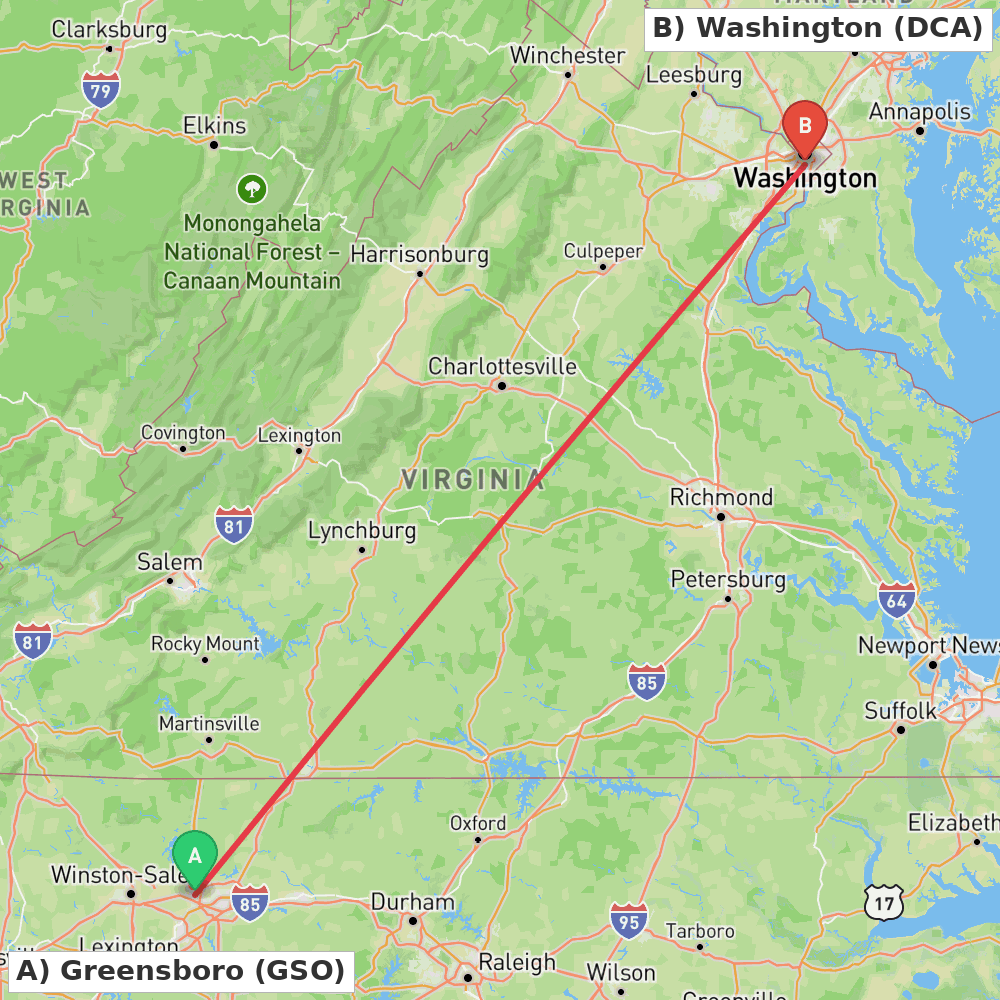 Flight route map from Greensboro to Washington