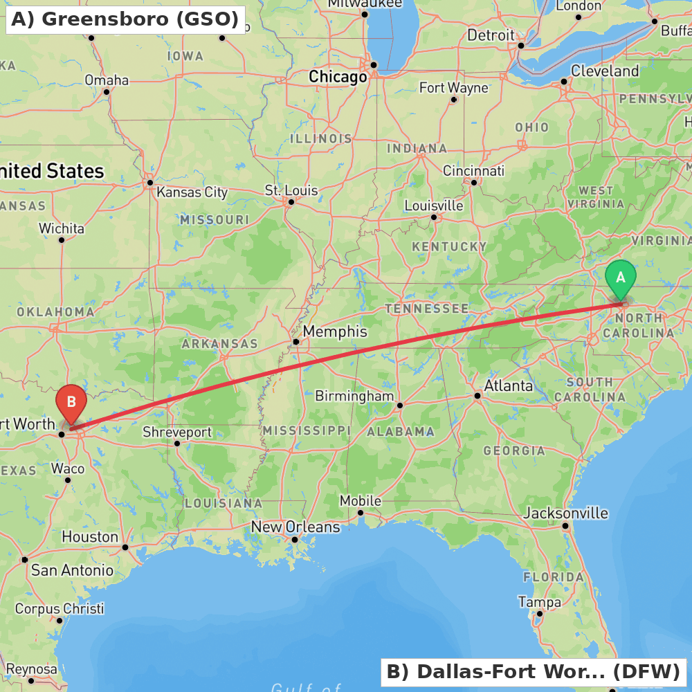 Flight route map from Greensboro to Dallas-Fort Worth