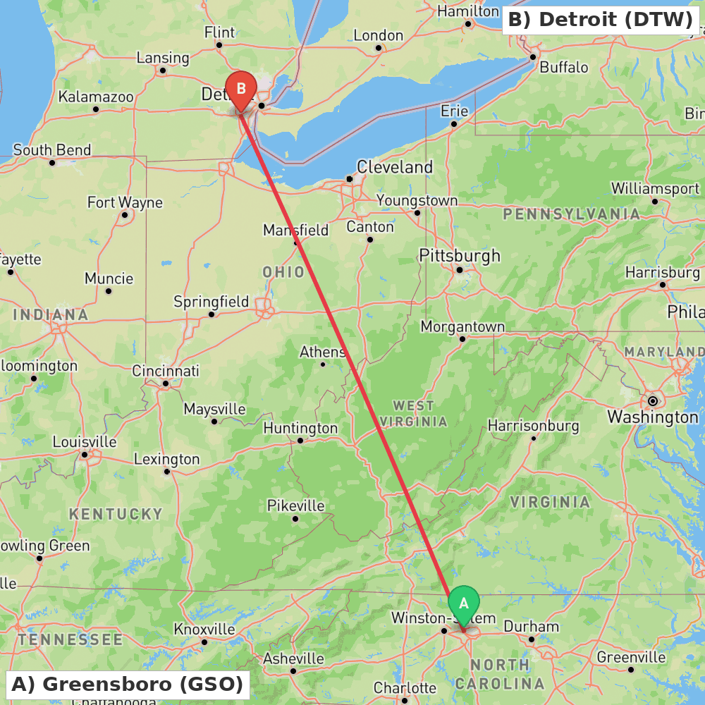 Flight route map from Greensboro to Detroit