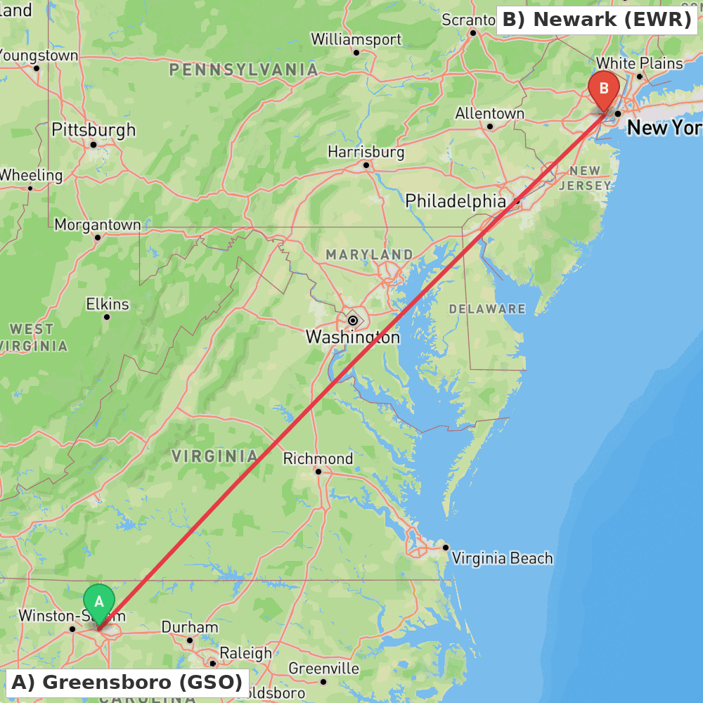 Flight route map from Greensboro to Newark