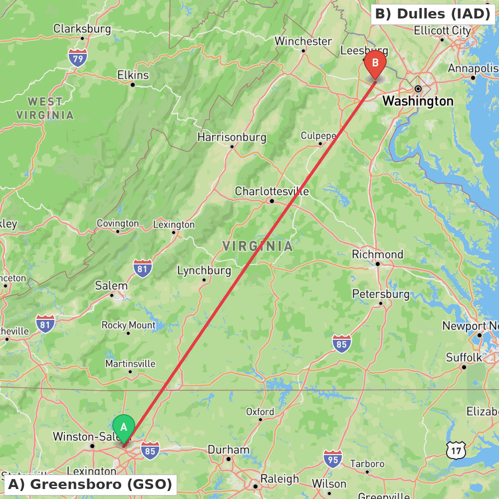 Flight route map from Greensboro to Dulles