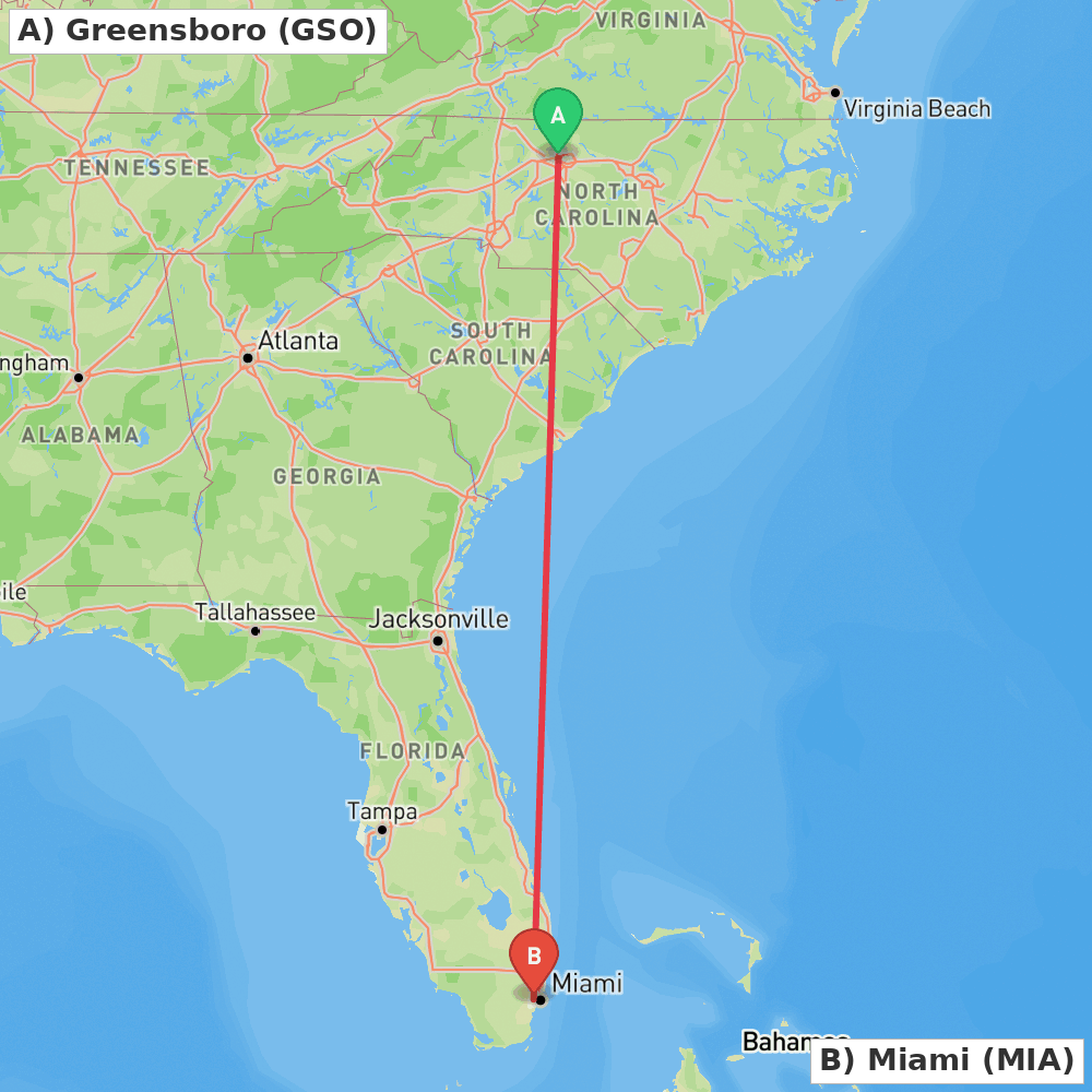 Flight route map from Greensboro to Miami
